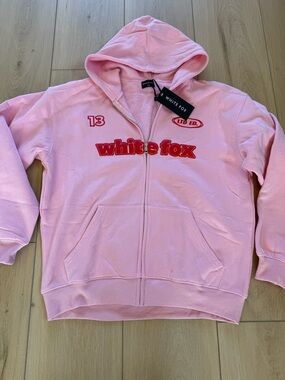 White Fox Boutique Pink Zip-Up Hoodie with Red Logo